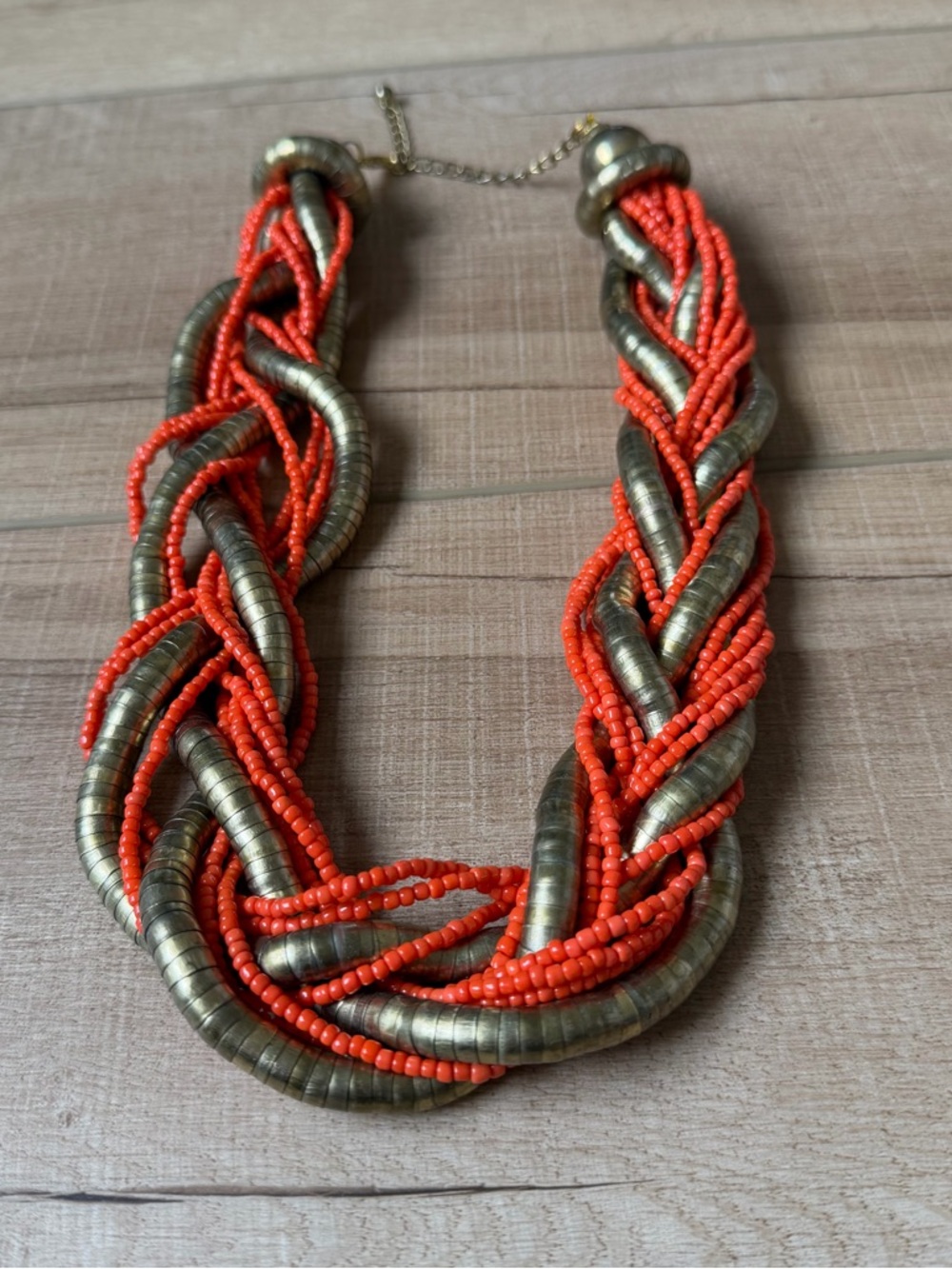 Vintage Statement Braided bead necklace Orange and antique gold tones